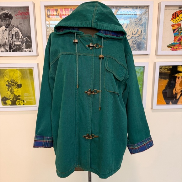 Vintage Green Hooded Toggle Jacket Plaid Lining - Picture 3 of 13